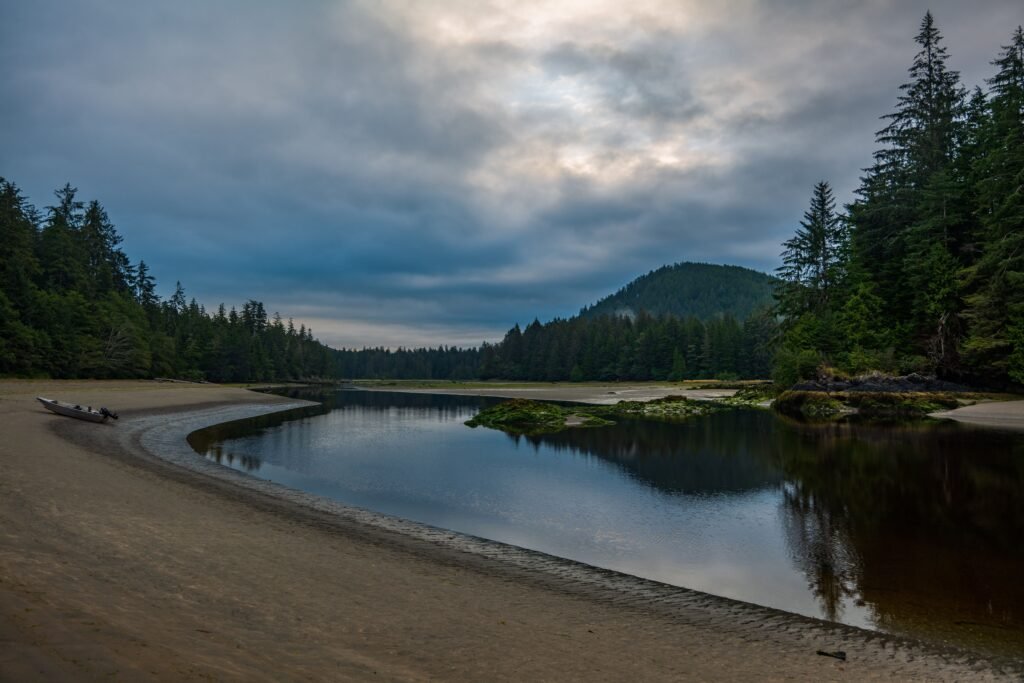 Explore the serene beauty of San Josef Bay with lush forests and calm river reflections.