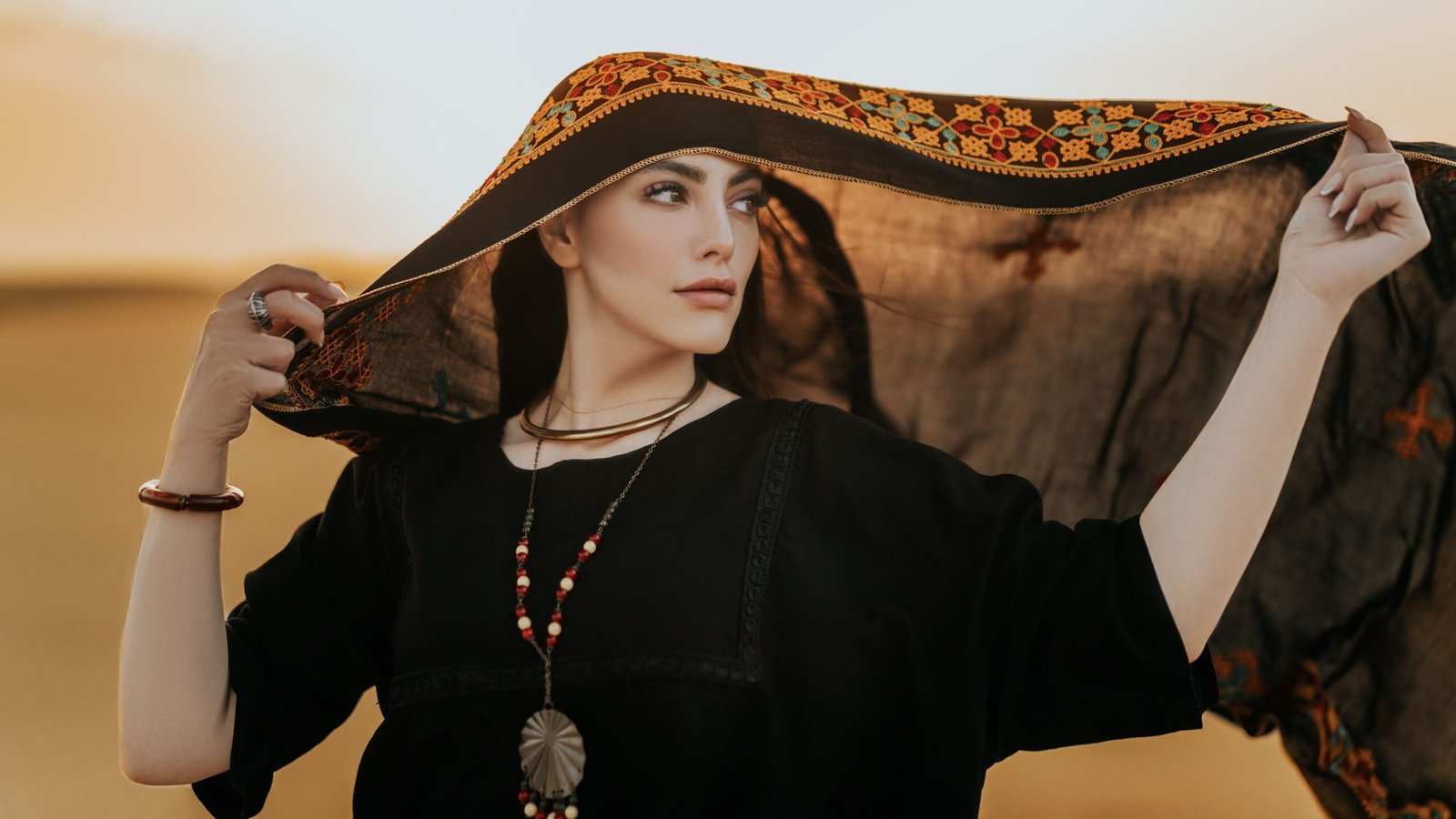 Portrait of a woman in a black dress with an ornate scarf, exuding elegance and cultural richness.